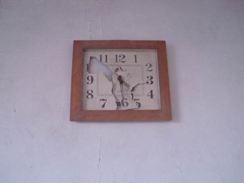 A clock that stopped at the moment the rockets struck the Al Shawa apartment.- photo provided to Corporate Watch by Basil Ash Shawa